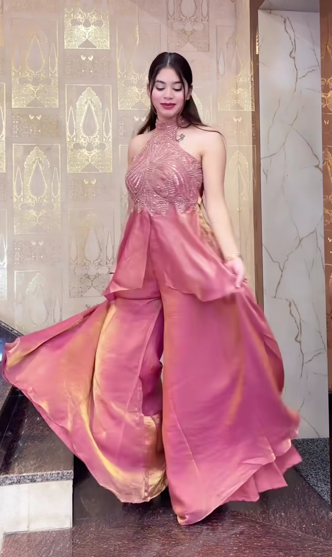 Modern Indo Western Halter Neck Sharara Palazzo Suit Set for Women