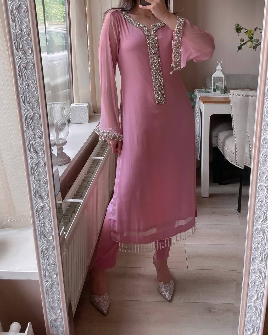 Dusty Rose Moti Handwork Kurta Set For Women | Buy Eid Special Dress For Women