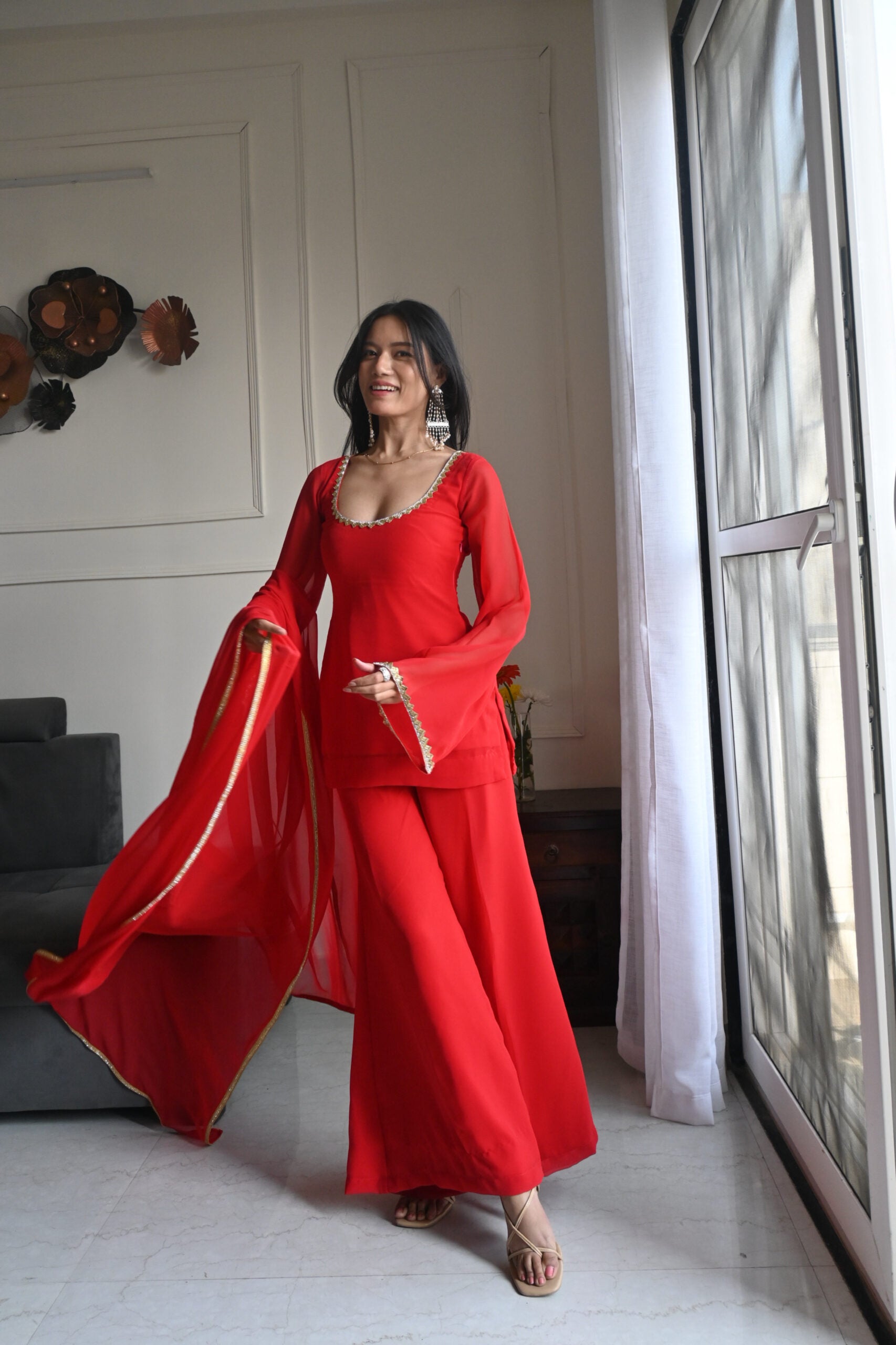 90's Style Red Handcrafted Georgette Palazzo Kurti Set | 90s Dress For Women | 90s Outfits Women