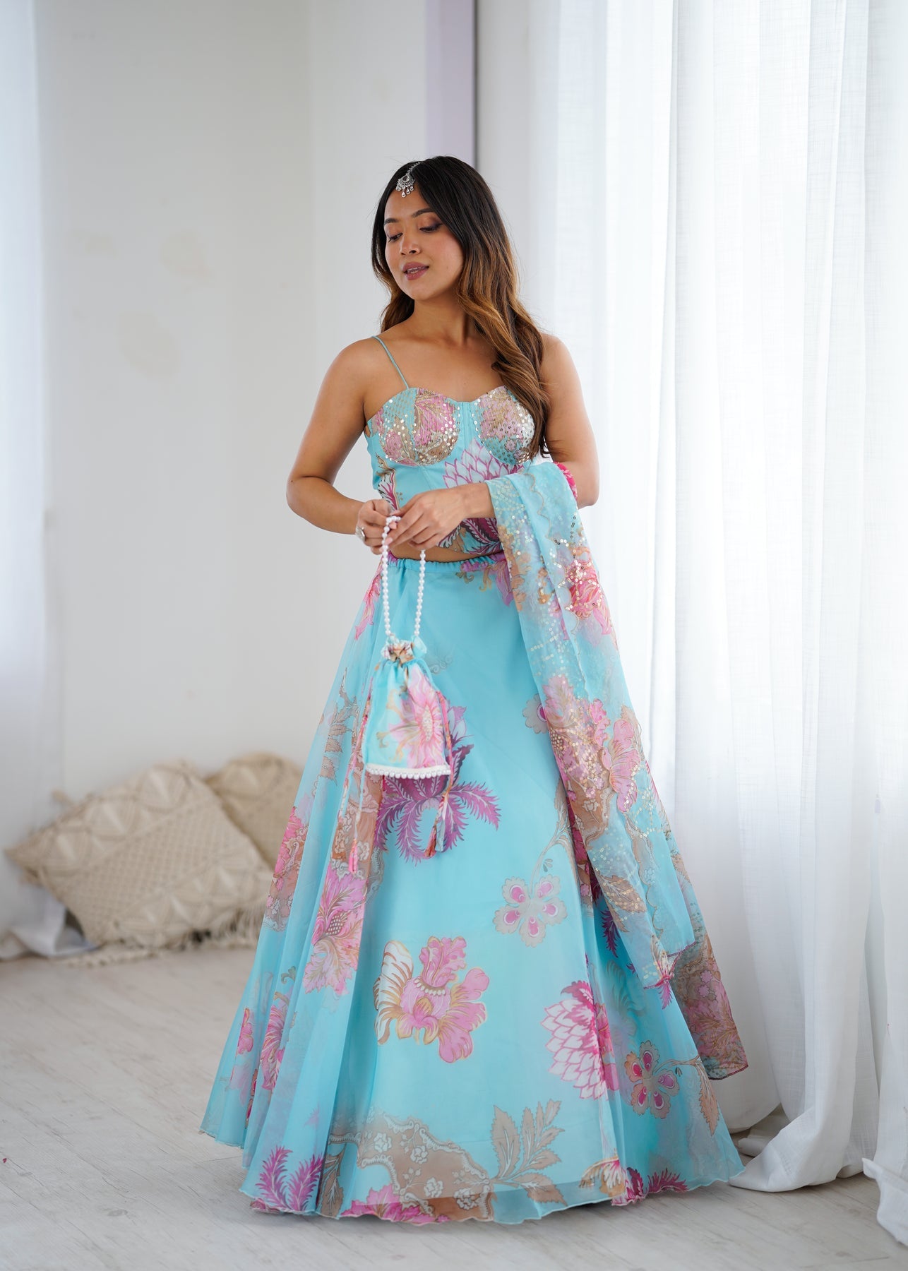 Modern Partywear Sky Blue Floral Full Stitched Lehenga Choli For Women | Mermaid Lehenga For Women