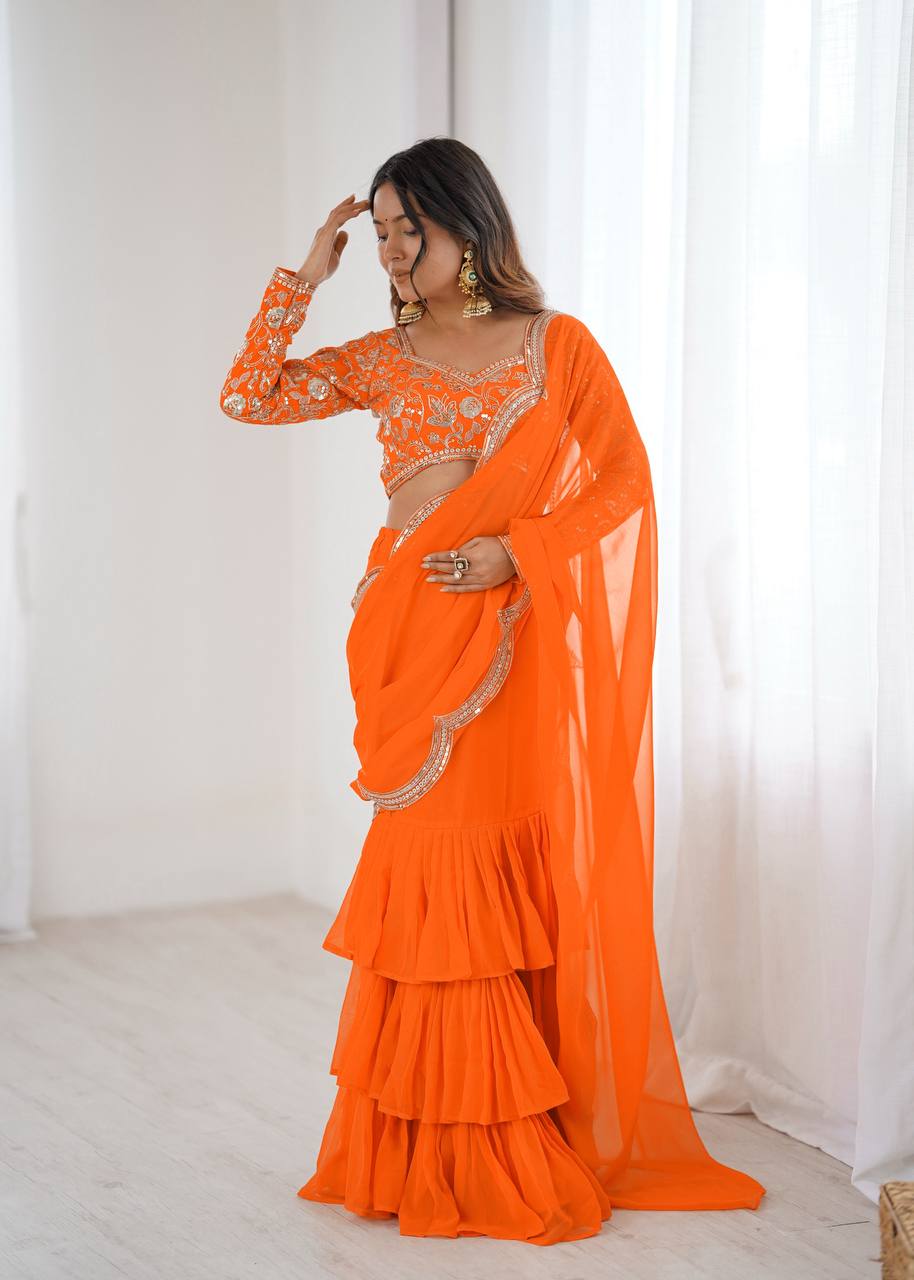 Party Wear Pre Draped Ready To Wear Ruffle Saree | Ready To Wear Saree For Wedding