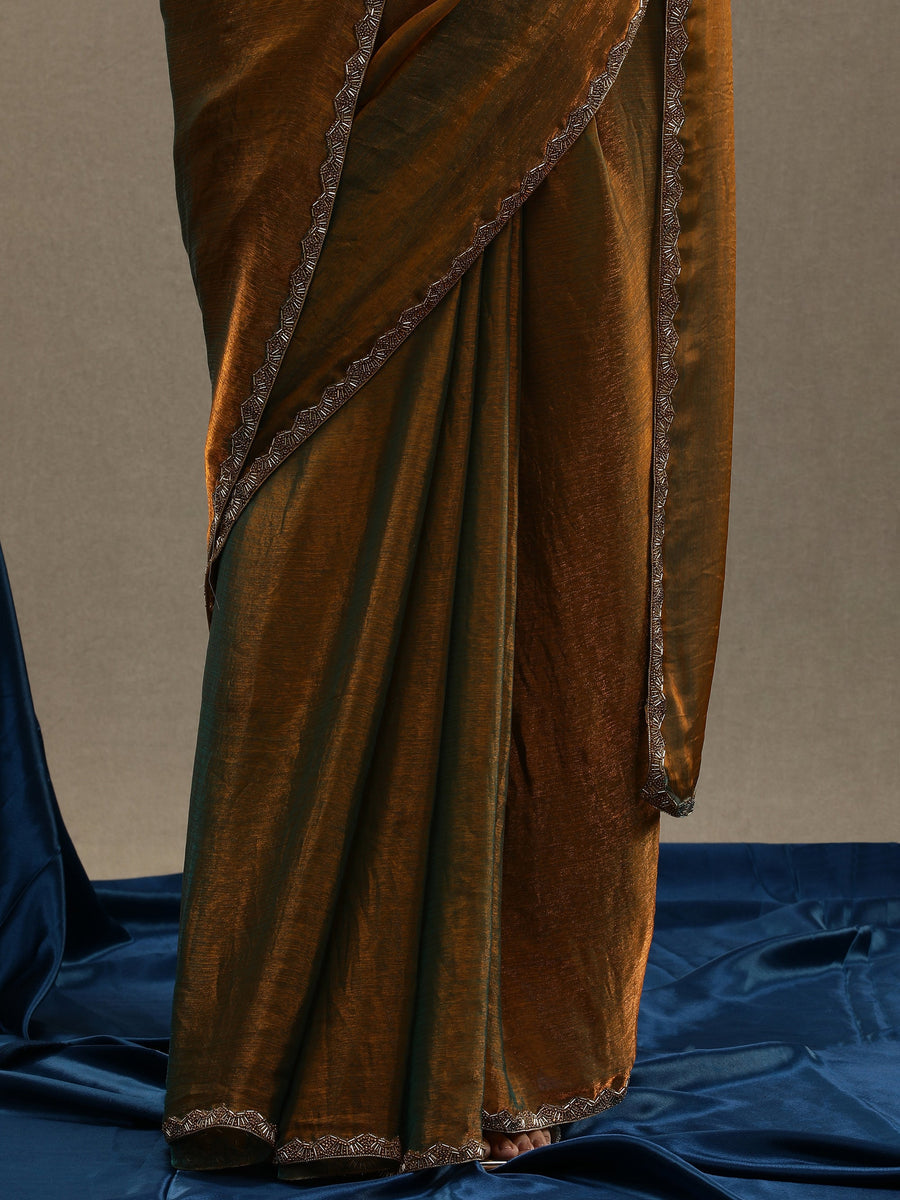 Bronze Gold Soft Organza Saree with Minimal Border – Elegant Partywear Saree