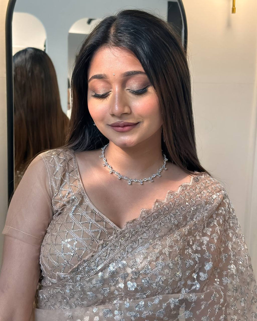 Partywear Beige Butterfly Mono Net Designer Saree with Sequin & Thread Work