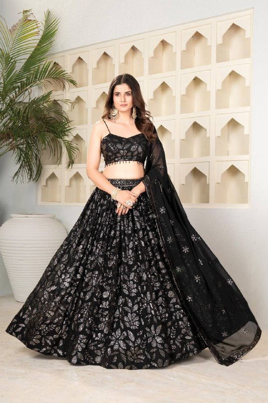Wedding Wear Black Sequin Embroidered Lehenga Choli Set for Women with Dupatta | Sangeet Wear black wedding outfit for women
