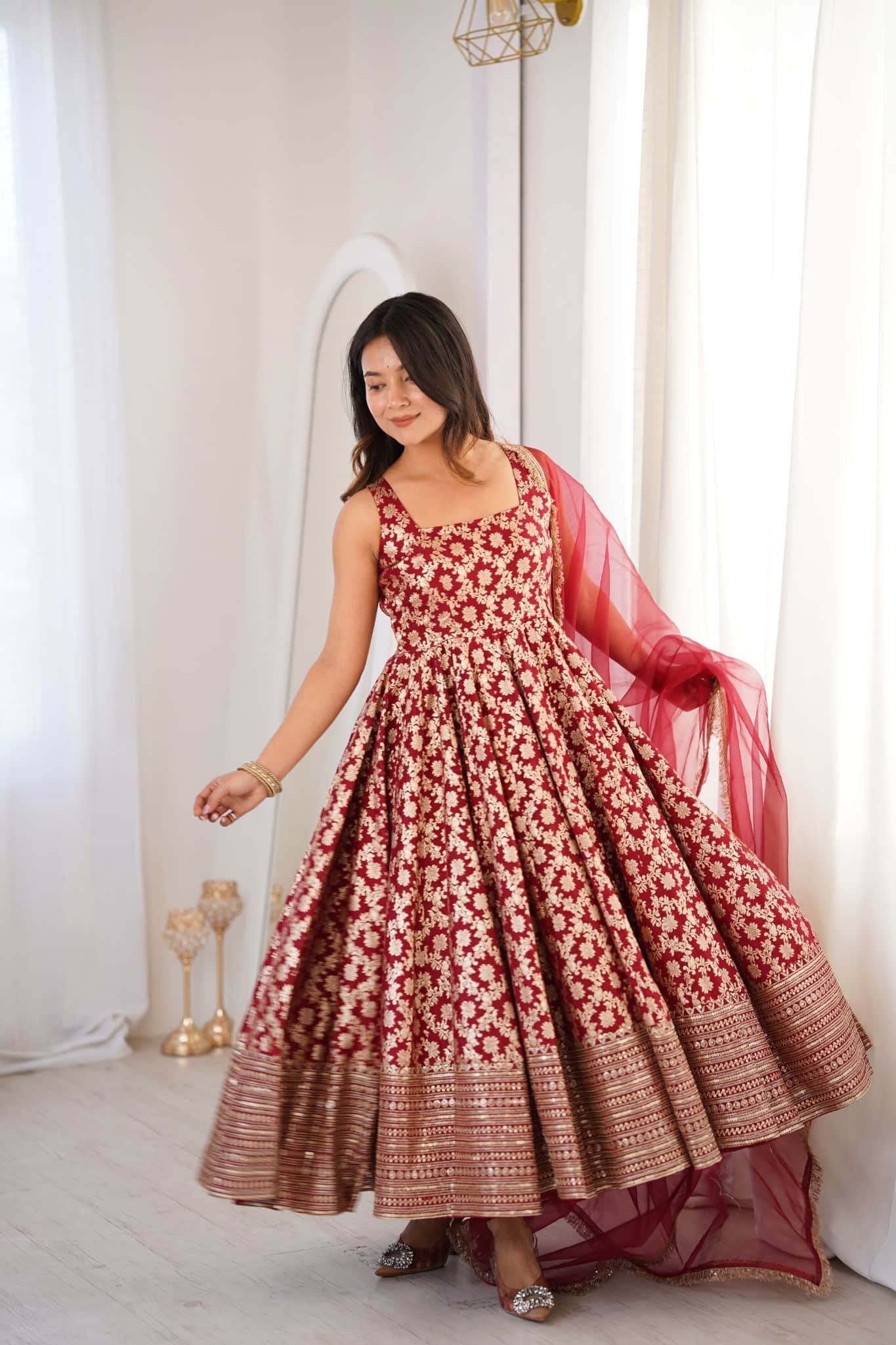 Festive Wear Maroon Silk Designer Anarkali Suit Set with Organza Dupatta for Women | Wedding & Sangeet Wear