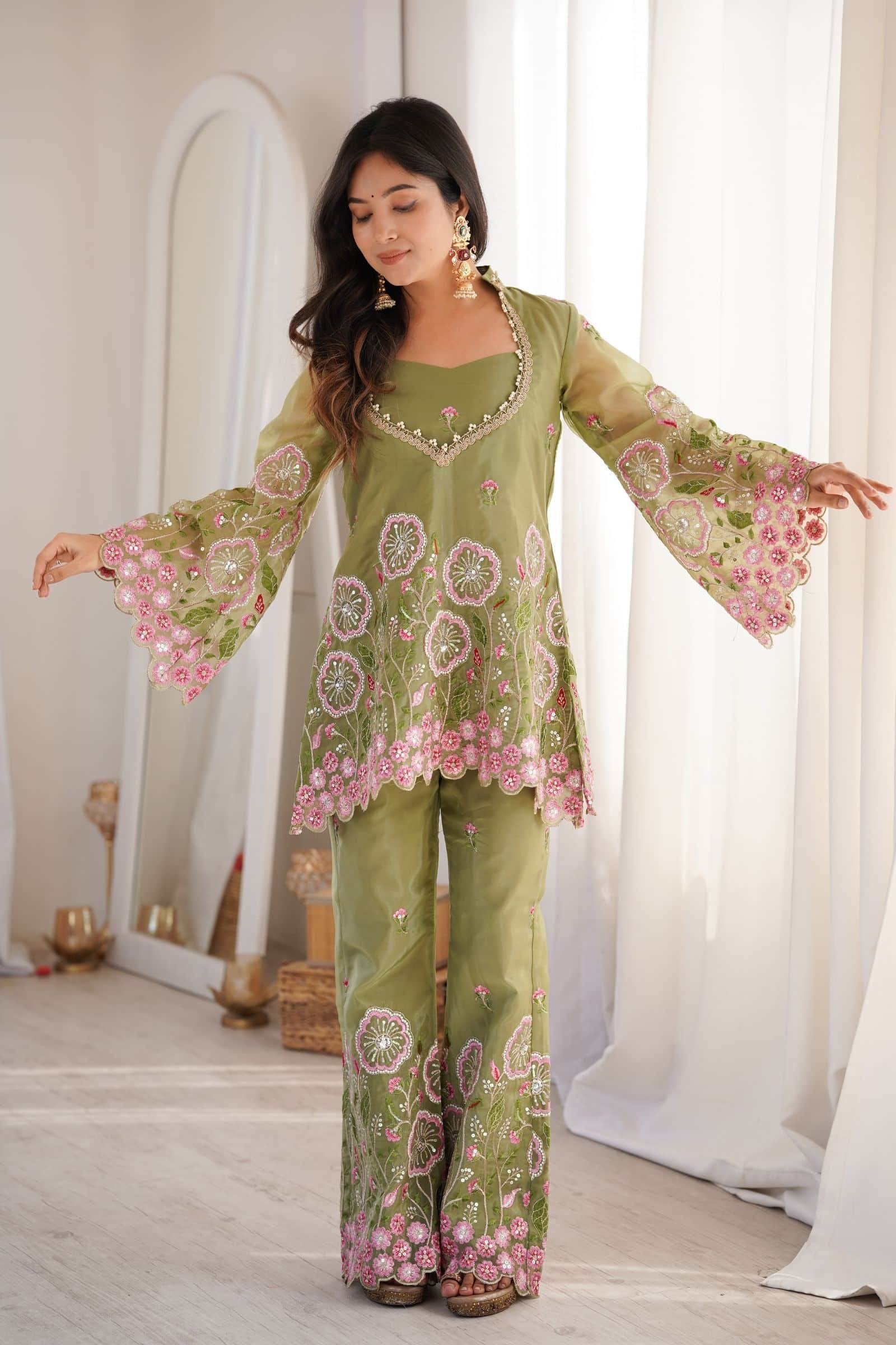 Olive Green Embroidered Co-Ord Set for Women | Designer Silk Palazzo Set with Sequins Work