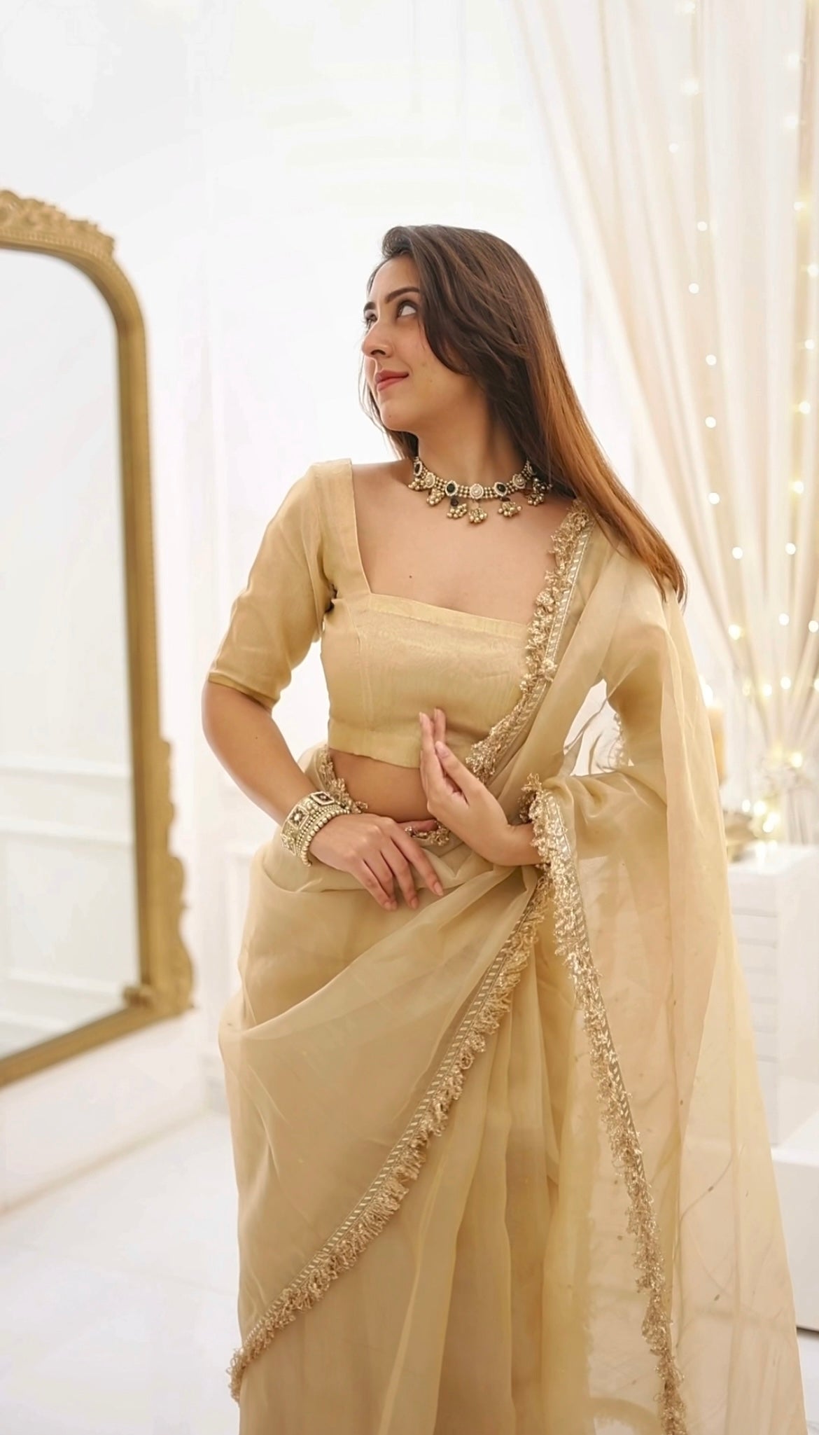 Gold Shimmer Saree with Matching Blouse – Elegant Party Wear