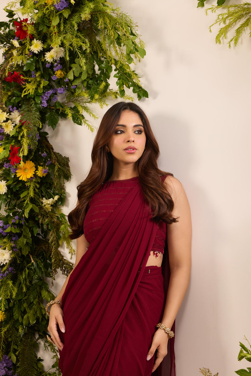 Wine Red Ready To Wear Saree With Sequins Blouse | Pre Draped Ready To Wear Saree For Wedding
