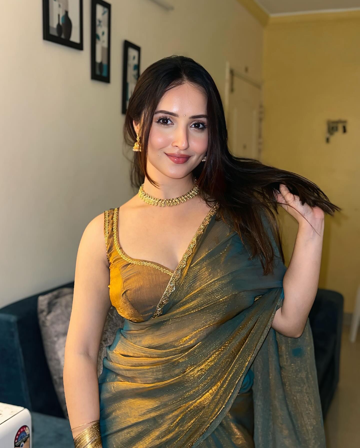 Party Wear Saree For Women | Teal Green & Golden Saree with Handwork Lace Border