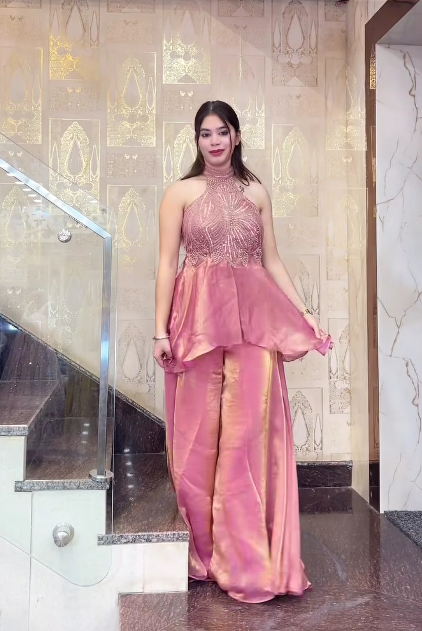 Modern Indo Western Halter Neck Sharara Palazzo Suit Set for Women