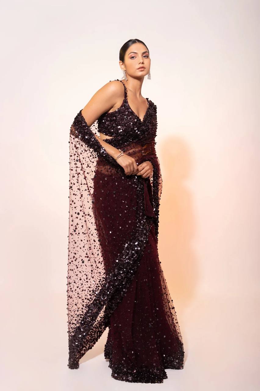 Dark Brown Glamorous Net Saree with Hologram Sequin Work & Banglori Silk Blouse