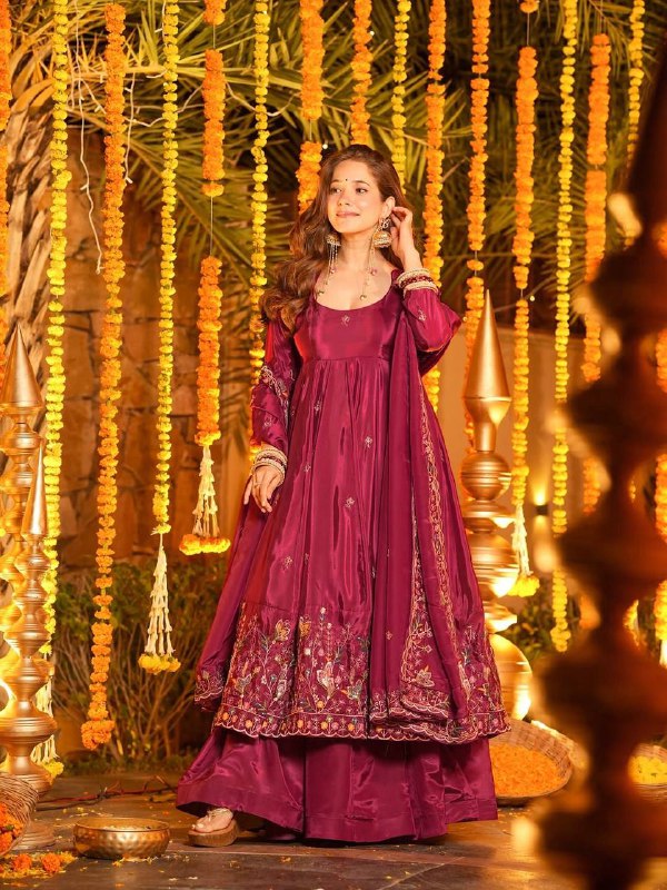 Wedding Wear Wine Anarkali Set