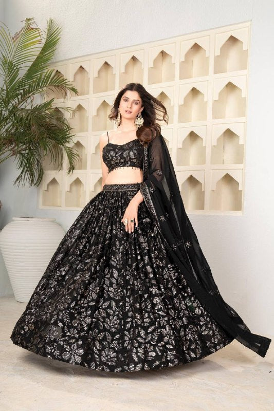 Wedding Wear Black Sequin Embroidered Lehenga Choli Set for Women with Dupatta | Sangeet Wear black wedding outfit for women
