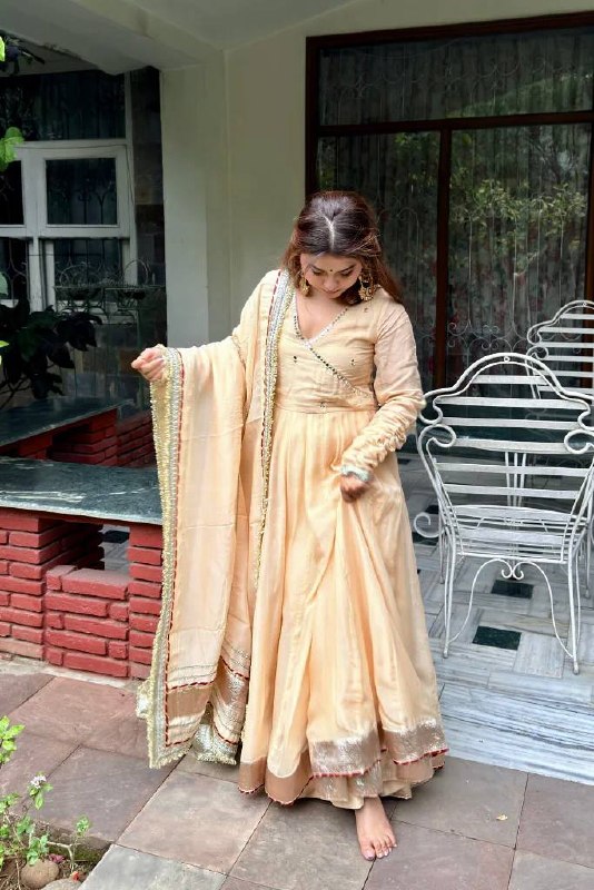 Ivory Cream Tabby Organza Silk Anarkali Lehenga Set with Dupatta | wedding wear for women