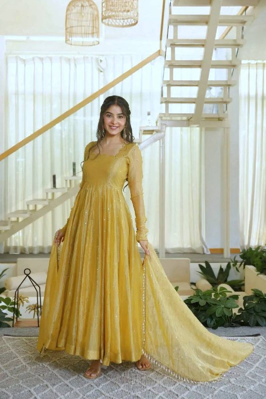 Trending Yellow Foil Work Anarkali Suit Set for Women | Wedding Wear & Festive Wear
