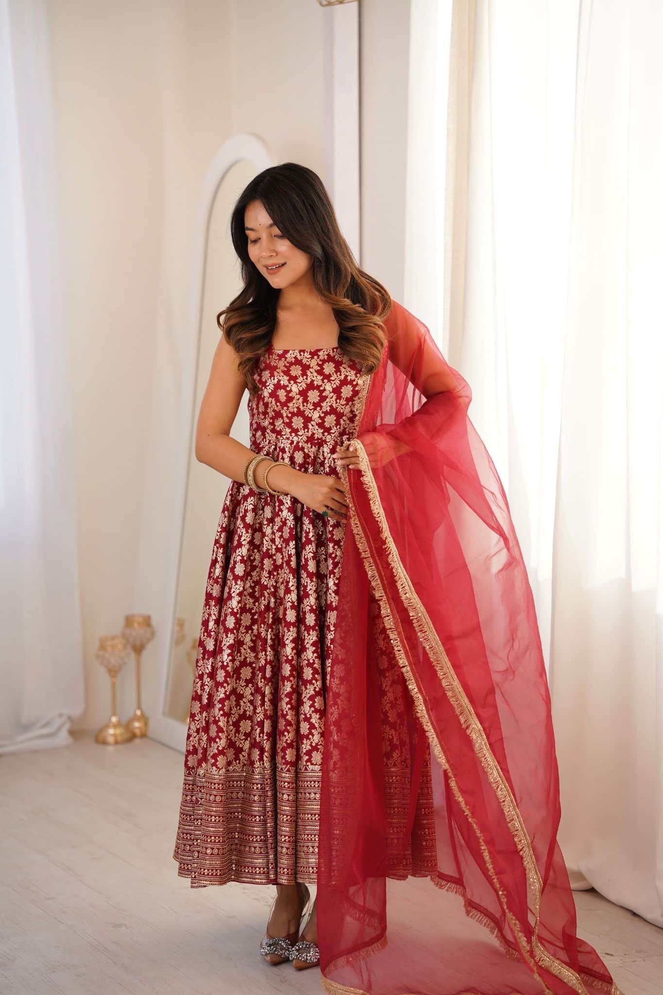 Festive Wear Maroon Silk Designer Anarkali Suit Set with Organza Dupatta for Women | Wedding & Sangeet Wear