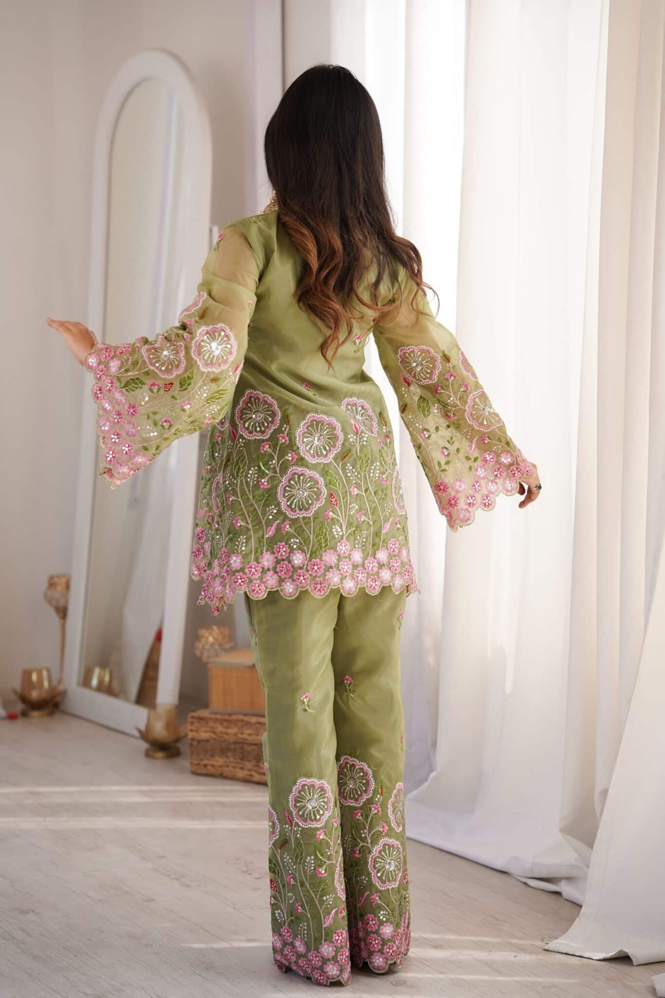 Olive Green Embroidered Co-Ord Set for Women | Designer Silk Palazzo Set with Sequins Work