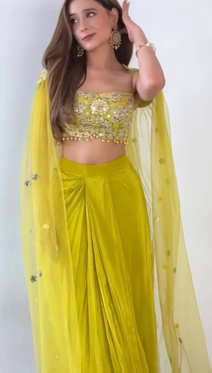 Sunshine Haldi Wear Yellow French Silk Dhoti Style Indo Western Set With Blouse & Shrug | Indo Western Dress For Women
