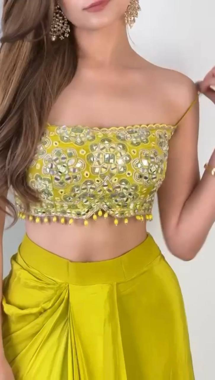 Sunshine Haldi Wear Yellow French Silk Dhoti Style Indo Western Set With Blouse & Shrug | Indo Western Dress For Women