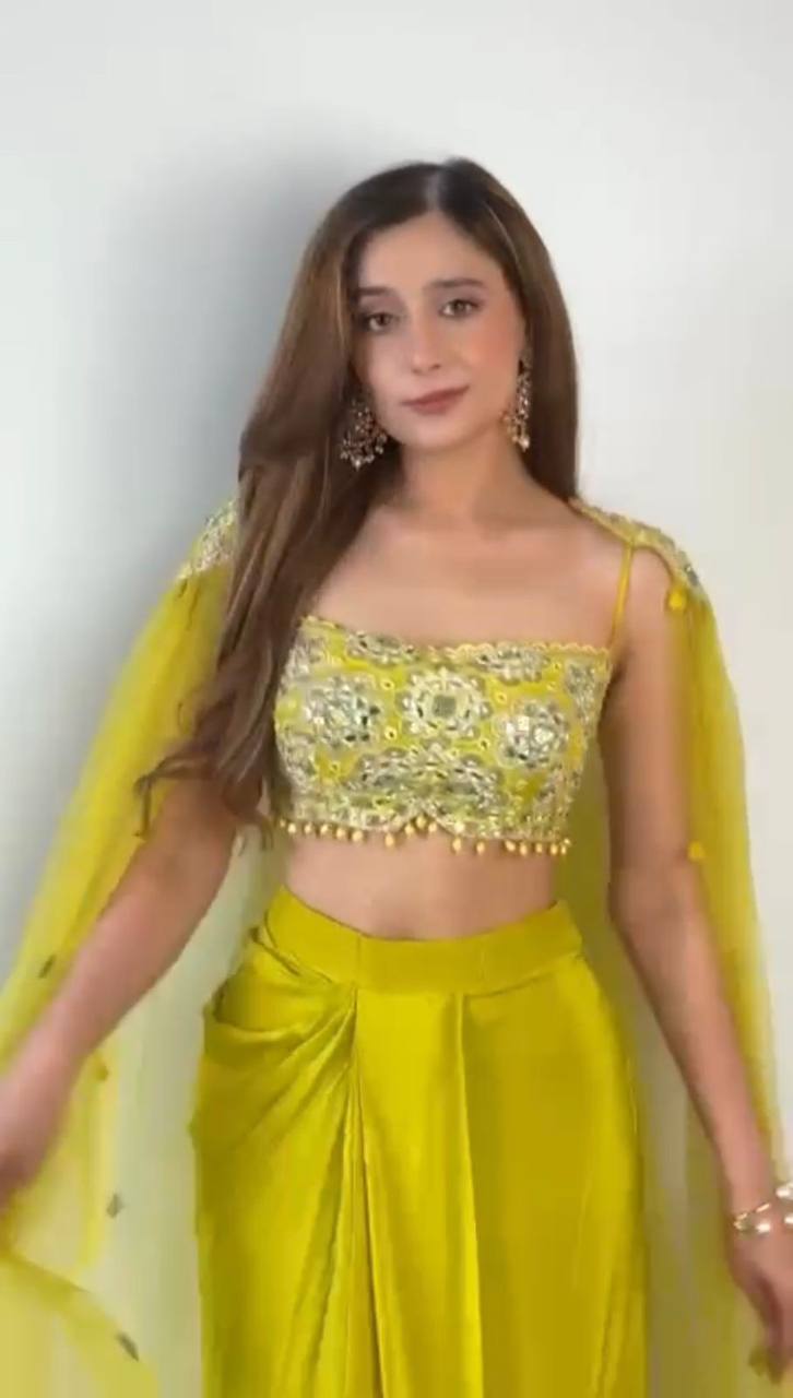 Sunshine Haldi Wear Yellow French Silk Dhoti Style Indo Western Set With Blouse & Shrug | Indo Western Dress For Women