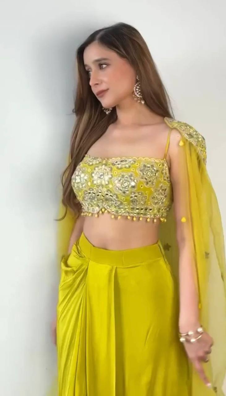 Sunshine Haldi Wear Yellow French Silk Dhoti Style Indo Western Set With Blouse & Shrug | Indo Western Dress For Women