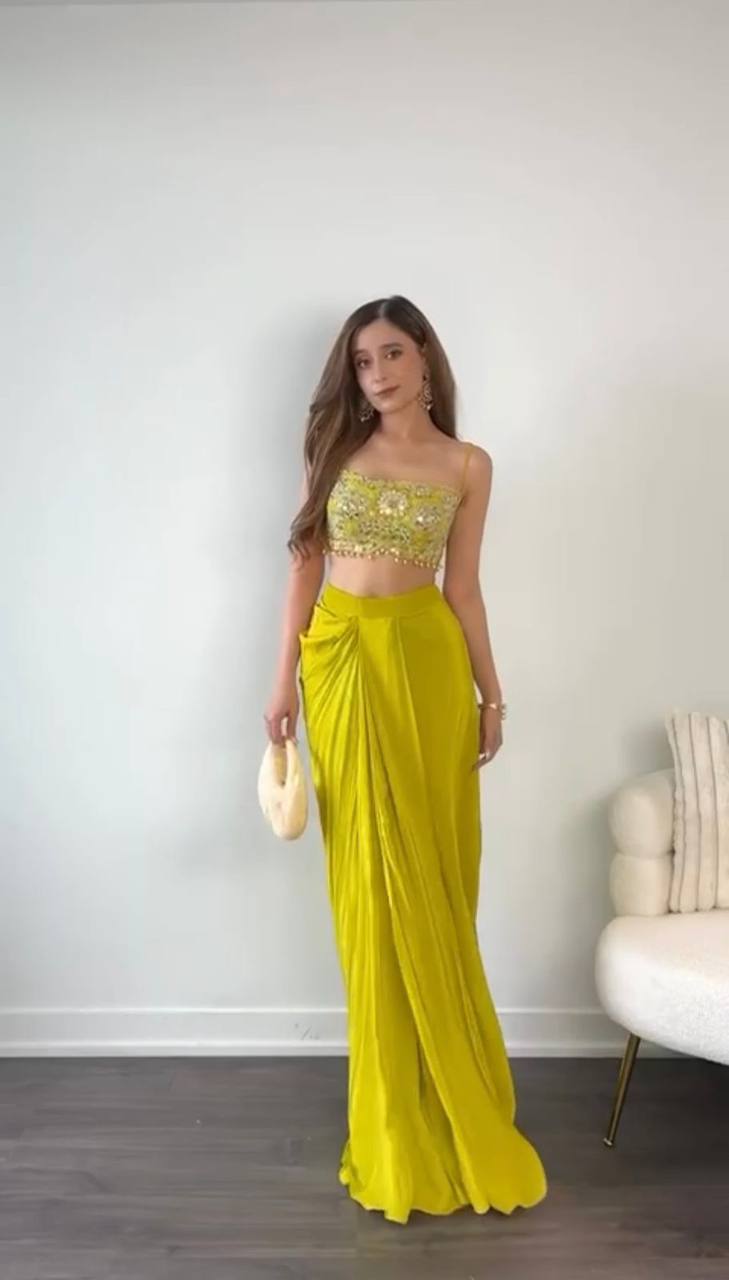 Sunshine Haldi Wear Yellow French Silk Dhoti Style Indo Western Set With Blouse & Shrug | Indo Western Dress For Women