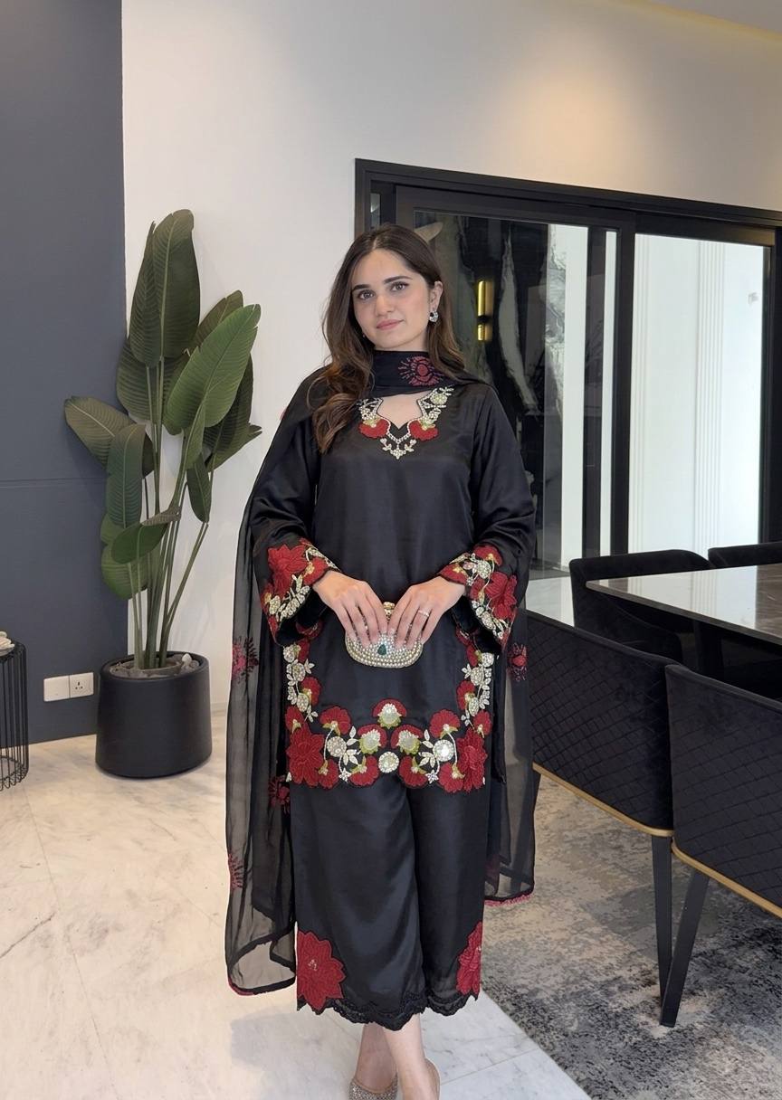 Wedding Wear Black Pakistani Style Farshi Embroidered Suit Set