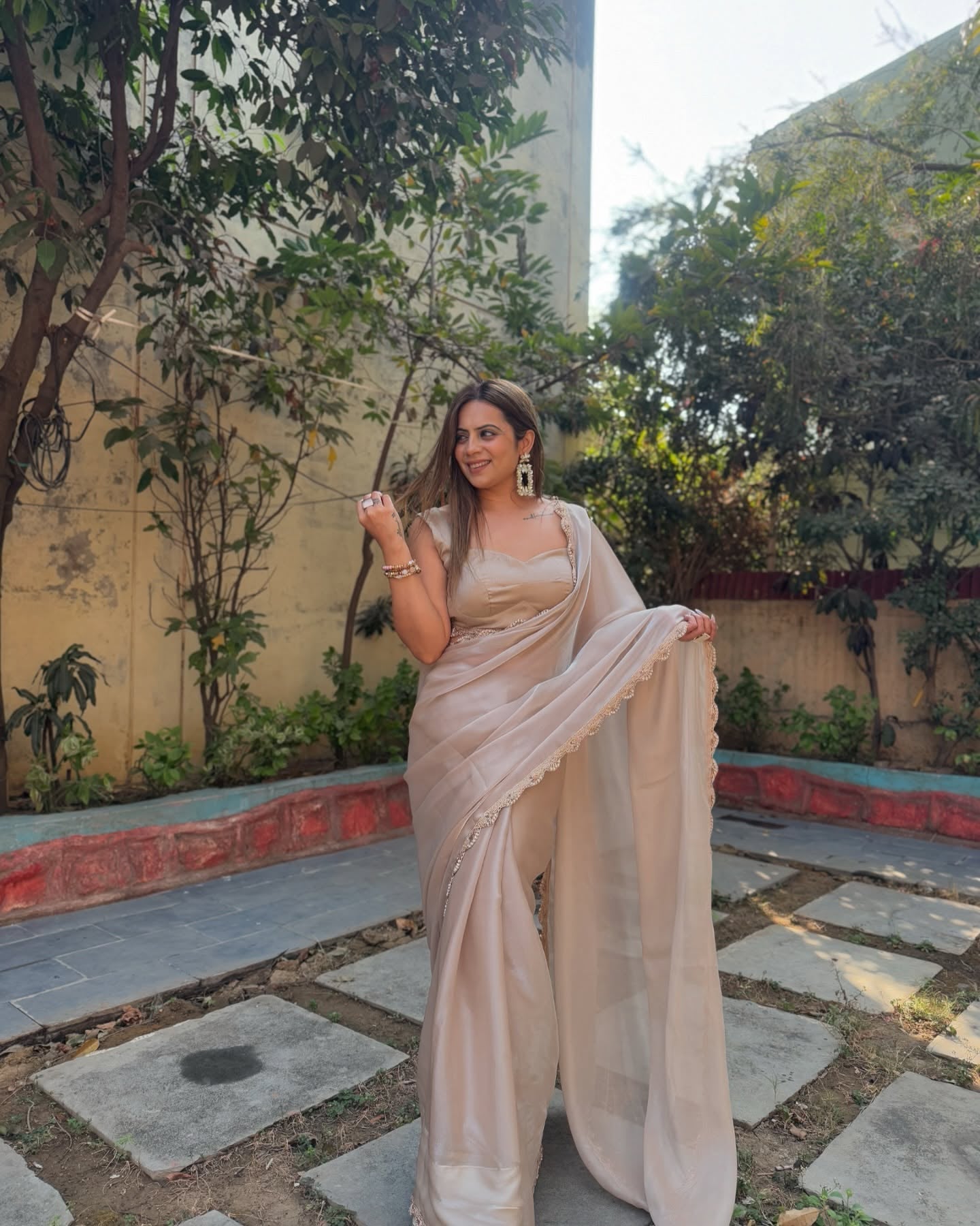Glamorous Beige Partywear Saree For Women With Pearl Dori Work | Saree For Women Party Wear