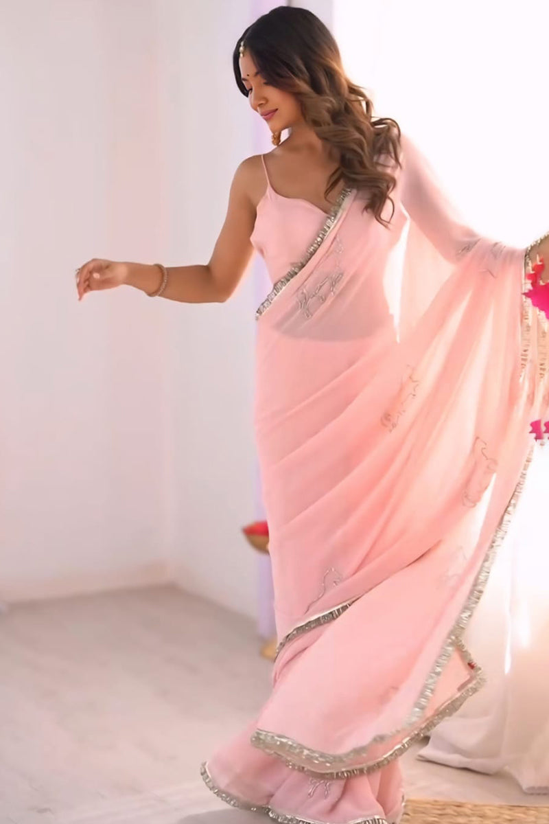 Ready To Wear Baby Pink Pre Draped Georgette Saree For Women | Ready To Wear Saree For Women