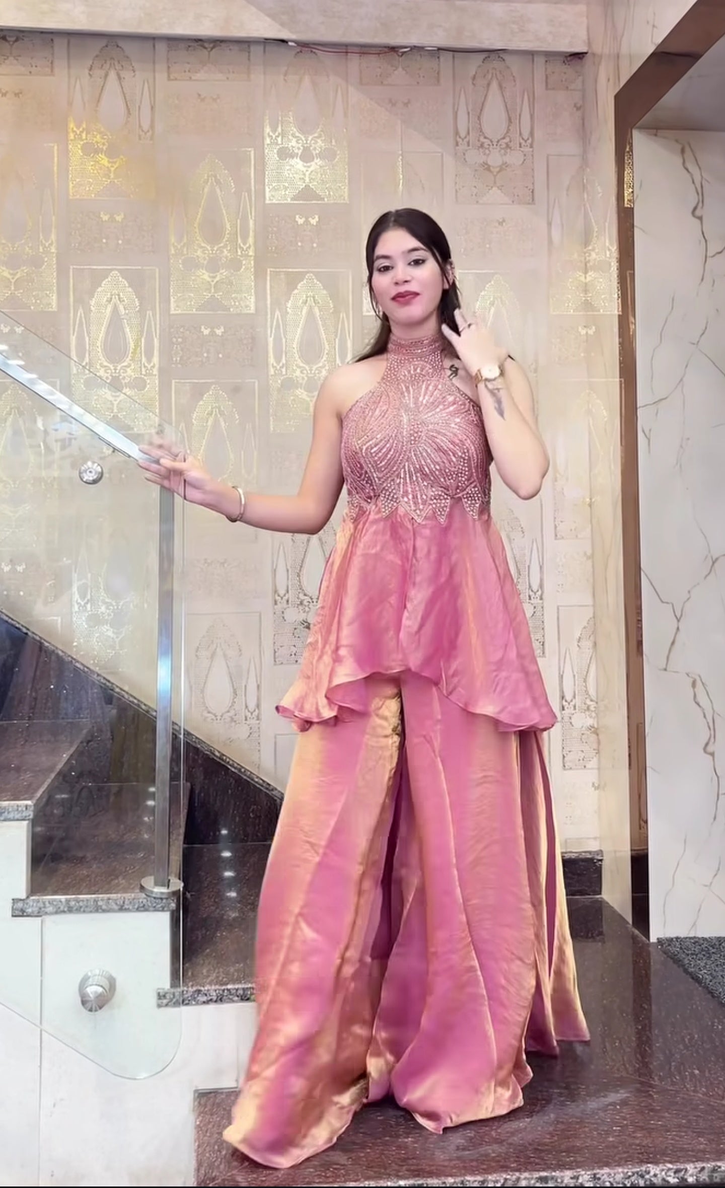 Modern Indo Western Halter Neck Sharara Palazzo Suit Set for Women