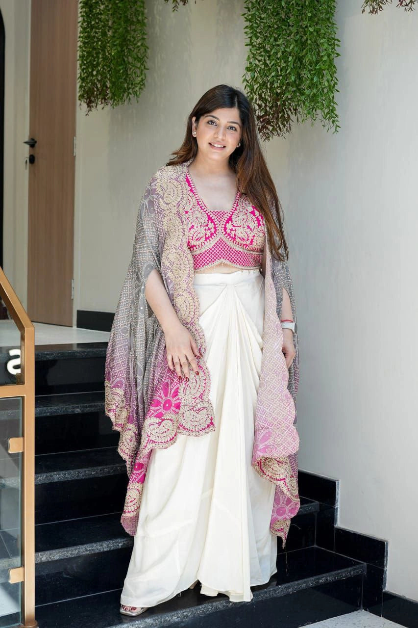 Ivory Pink Indo Western Draped Saree Set with Blouse & Shrug | Indo Western Dress For Women