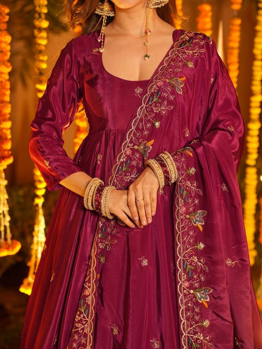 Wedding Wear Wine Anarkali Set