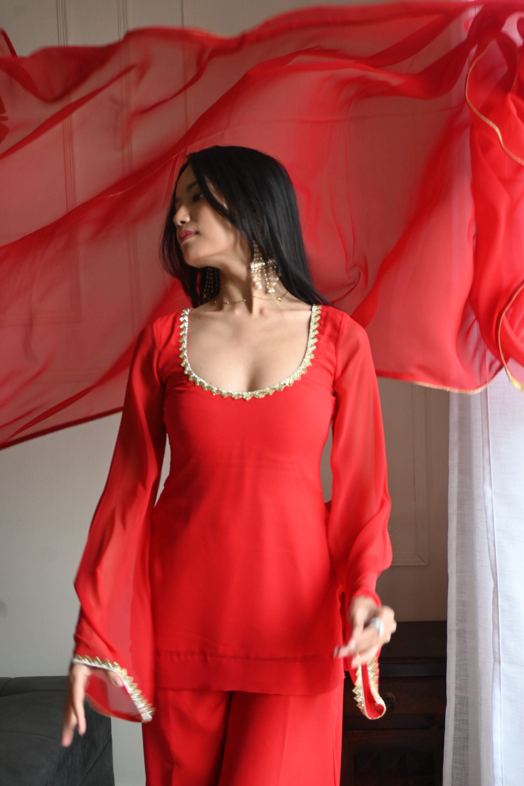 90's Style Red Handcrafted Georgette Palazzo Kurti Set | 90s Dress For Women | 90s Outfits Women