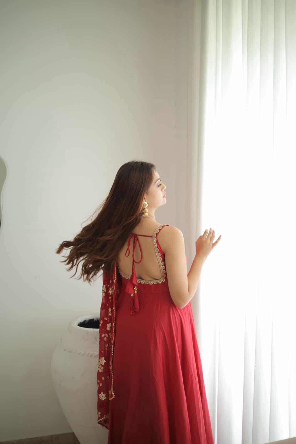 Red Georgette Sleeveless Gown with Sequins Dupatta | Party & Festive Wear