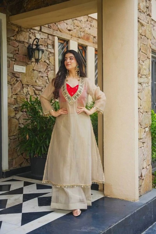 champagne beige Designer Salsa Silk Mirror Work Anarkali Palazzo Suit Set for Women | Wedding Wear & Festive Wear