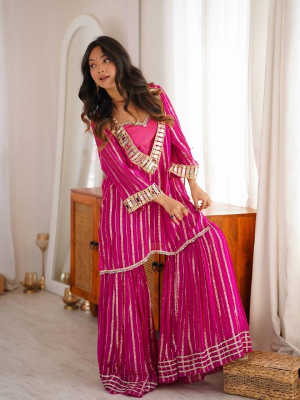 Rani Pink Mirror Work Sharara Suit Set for Women | Stylish Indo-Western Mehendi, Haldi & Festive Outfit