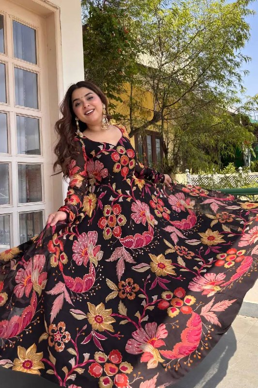 Festive Wear Black Floral Anarkali Suit Set for Women | Designer Mehendi & Wedding Wear