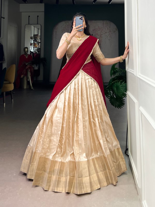 Premium Zari Weaving Traditional Cream & Maroon Lehenga choli with Silver Glossy Dupatta