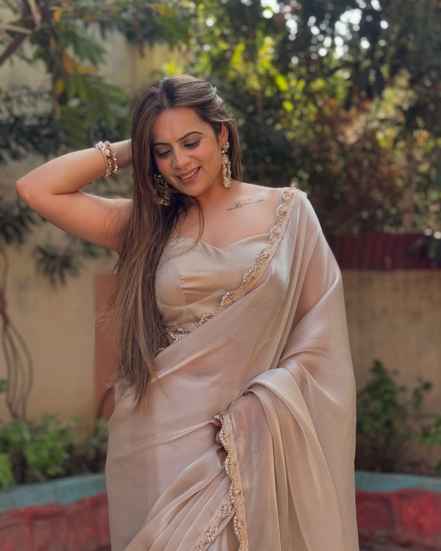 Glamorous Beige Partywear Saree For Women With Pearl Dori Work | Saree For Women Party Wear