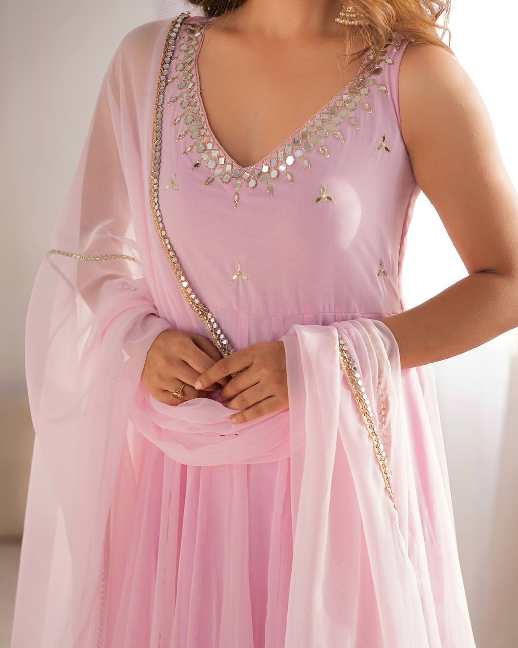 Festive Baby Pink Georgette Anarkali Kurti Pant Set with Mirror Work & Lace Dupatta