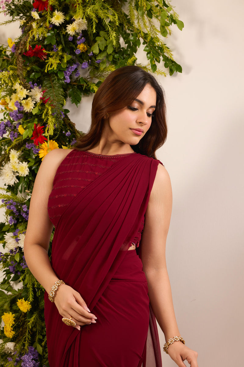 Wine Red Ready To Wear Saree With Sequins Blouse | Pre Draped Ready To Wear Saree For Wedding