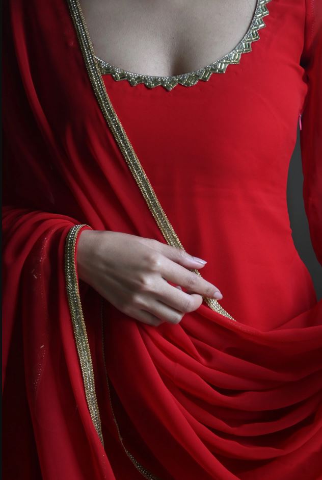 90's Style Red Handcrafted Georgette Palazzo Kurti Set | 90s Dress For Women | 90s Outfits Women
