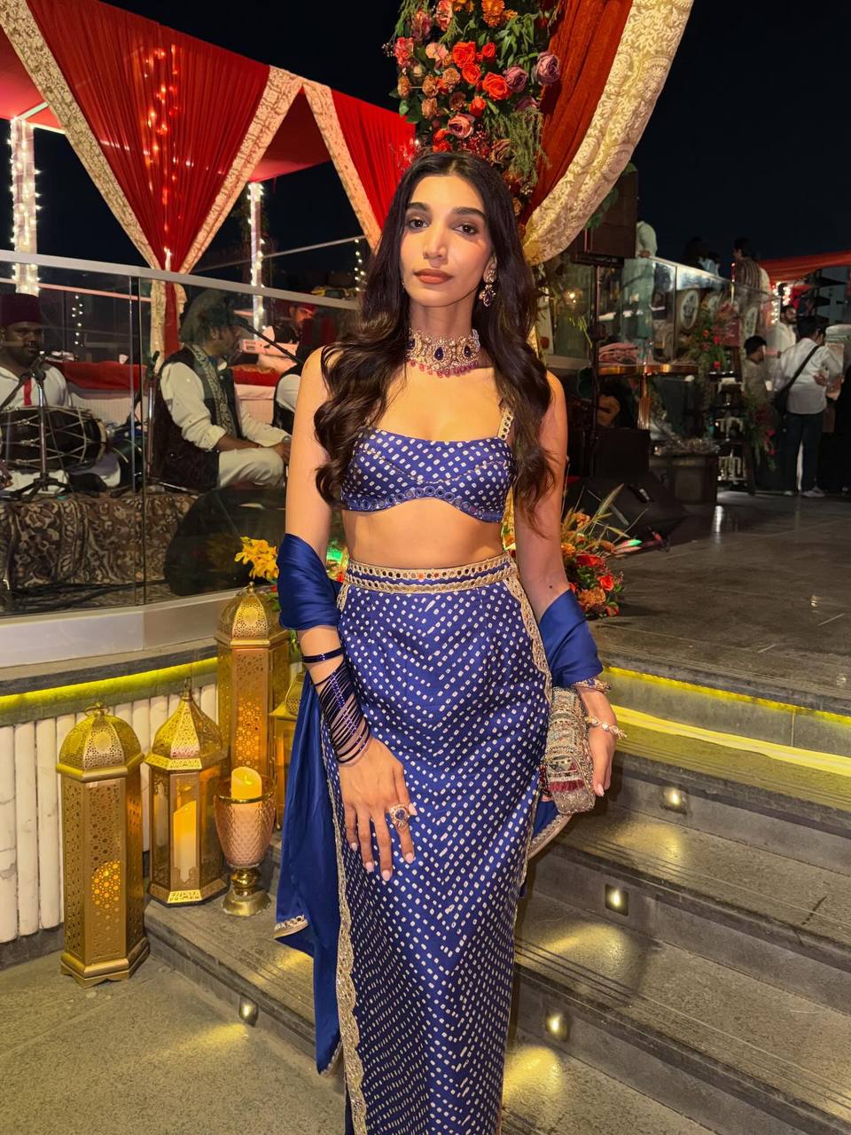 Royal Blue Bandhani Mirror Work Crop Top & Skirt Set with Dupatta for Women | Indo-Western Wedding & Sangeet Outfit