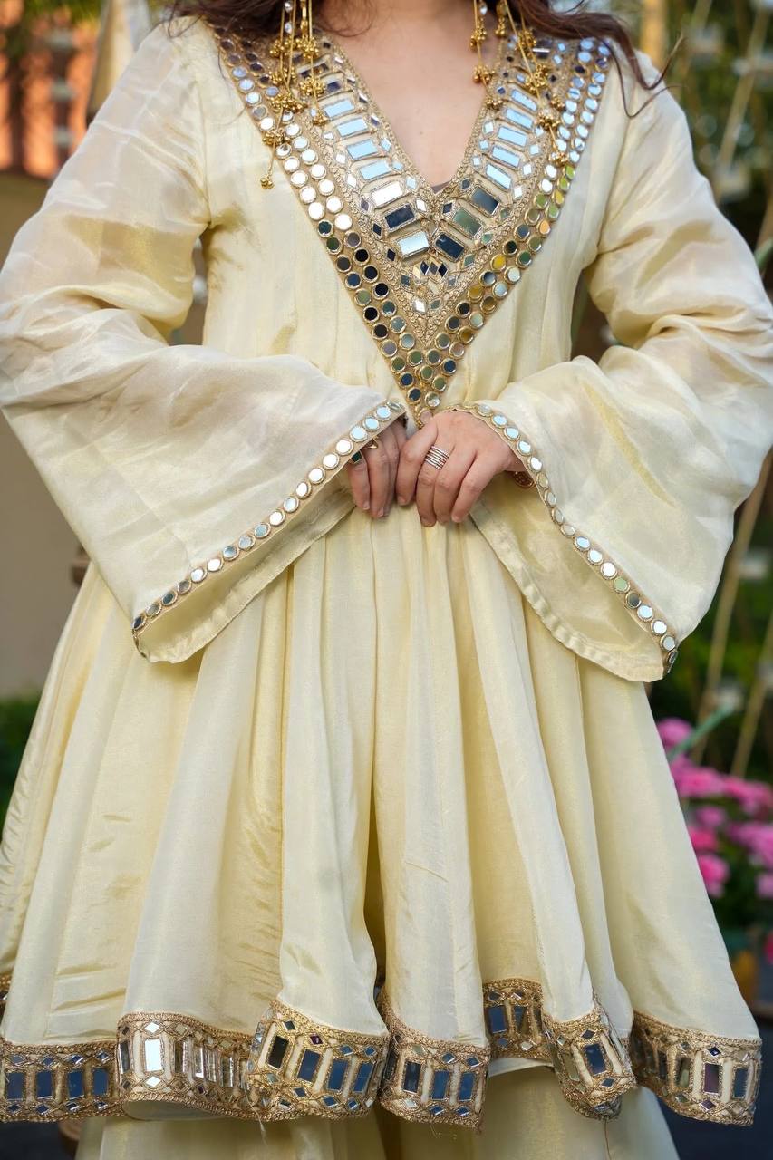 Premium Cream Cosmos Fabric Mirror Work Anarkali Palazzo Set