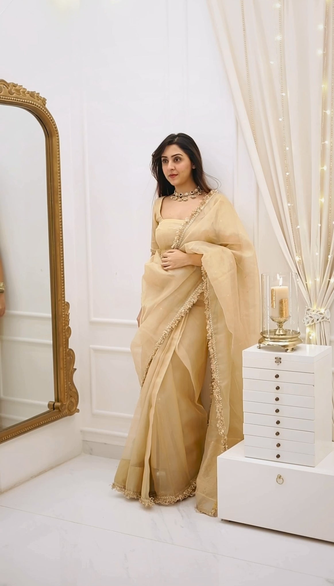 Gold Shimmer Saree with Matching Blouse – Elegant Party Wear