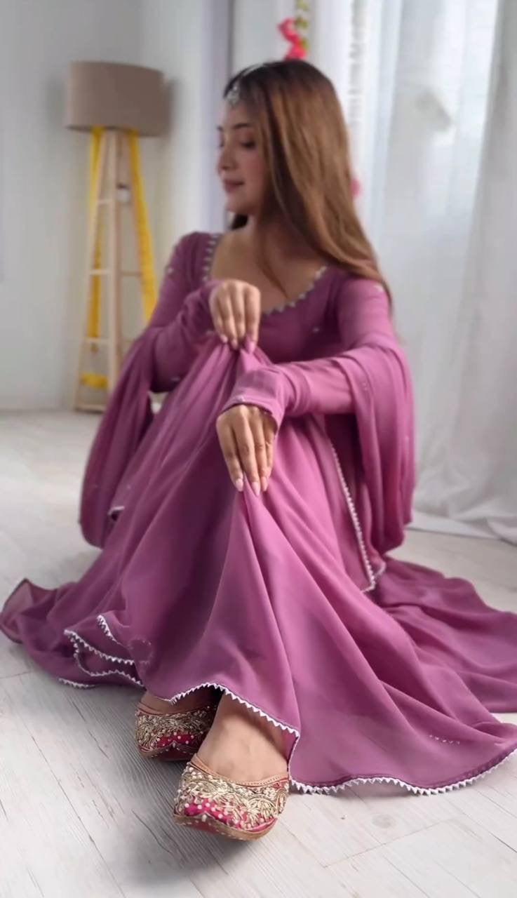 Party Wear Lavender Color Gerogatte Fabric Fully Stiched Anarkali