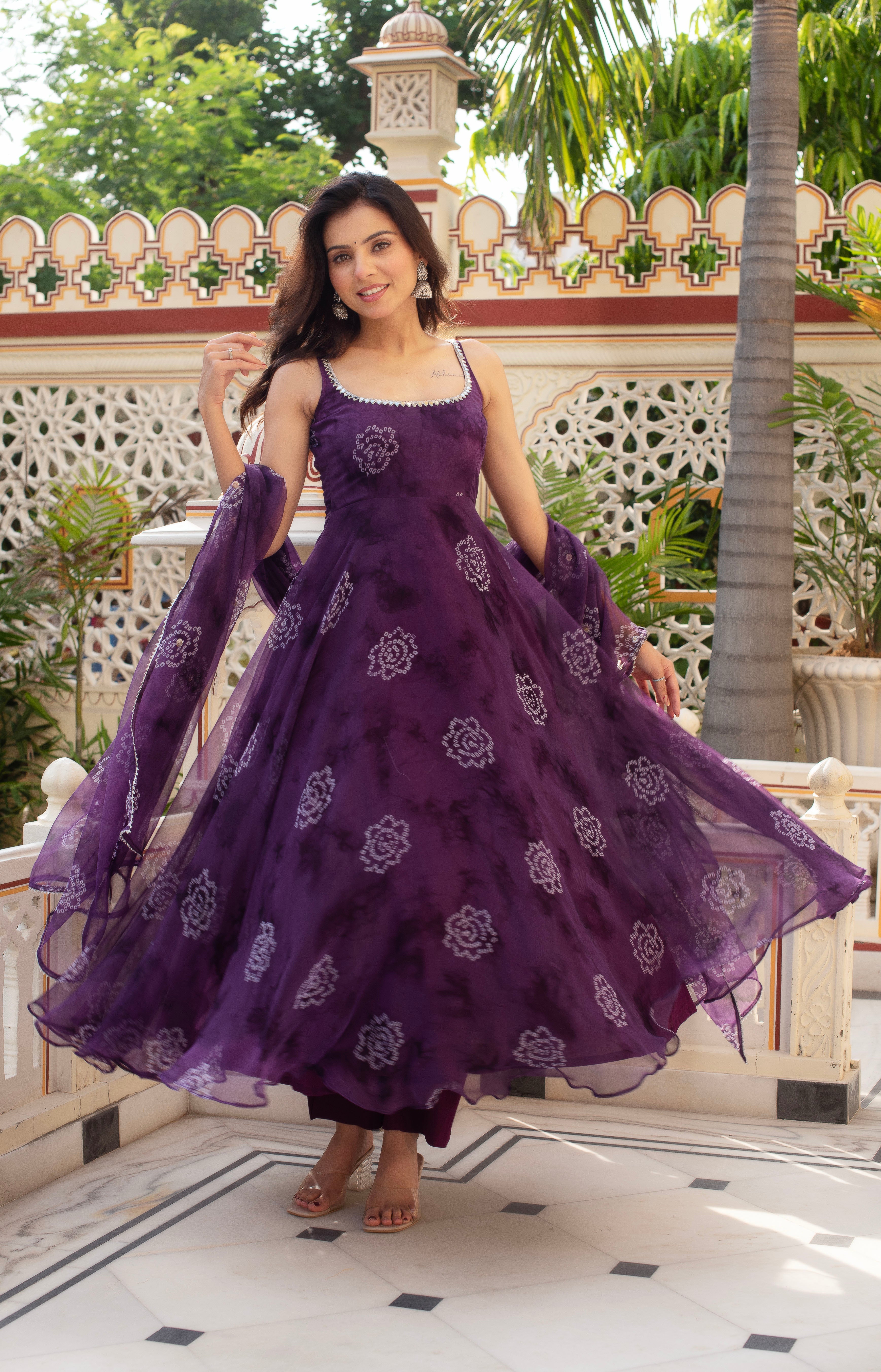 Purple Printed Georgette Anarkali Suit Set