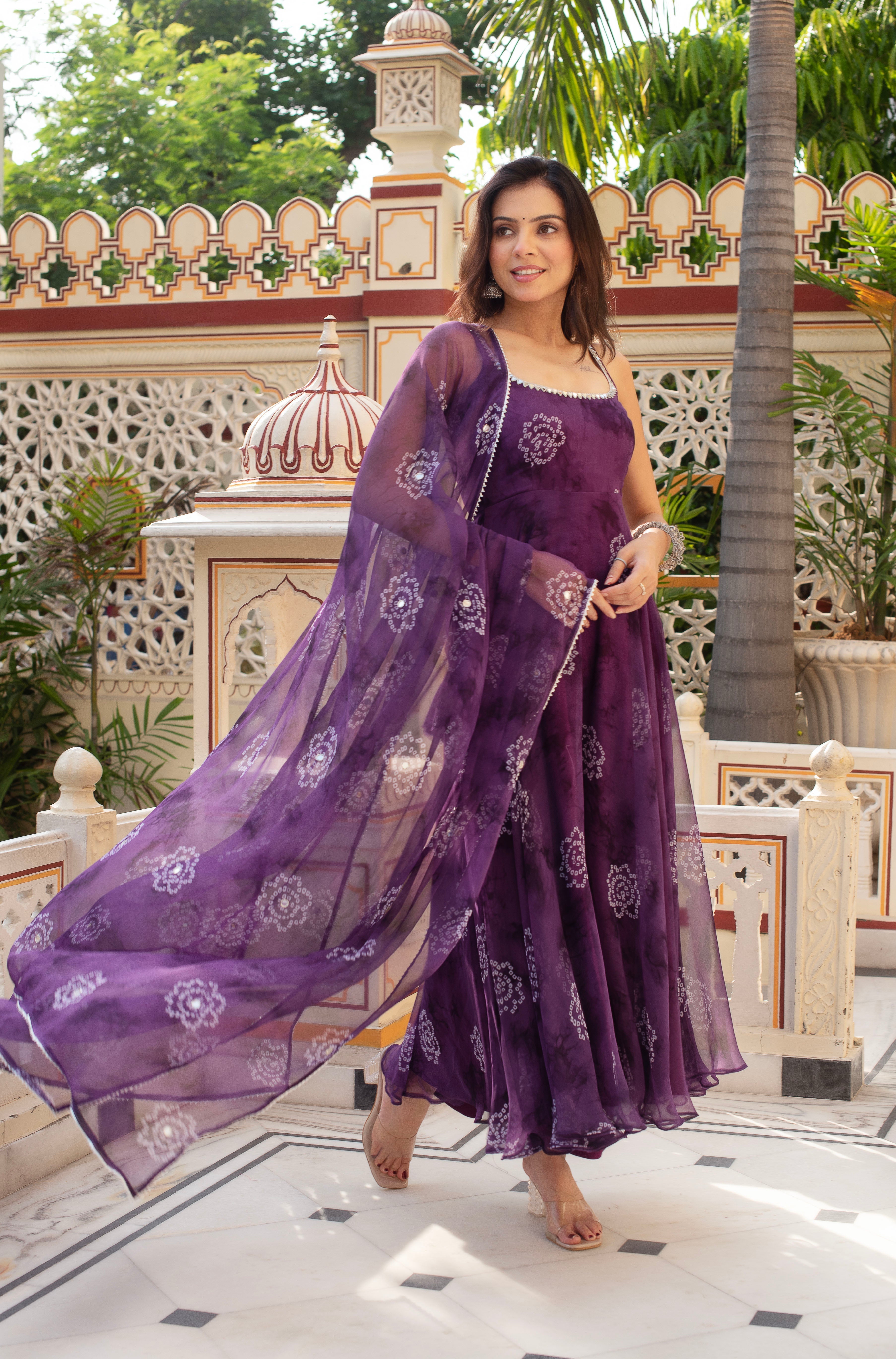 Purple Printed Georgette Anarkali Suit Set