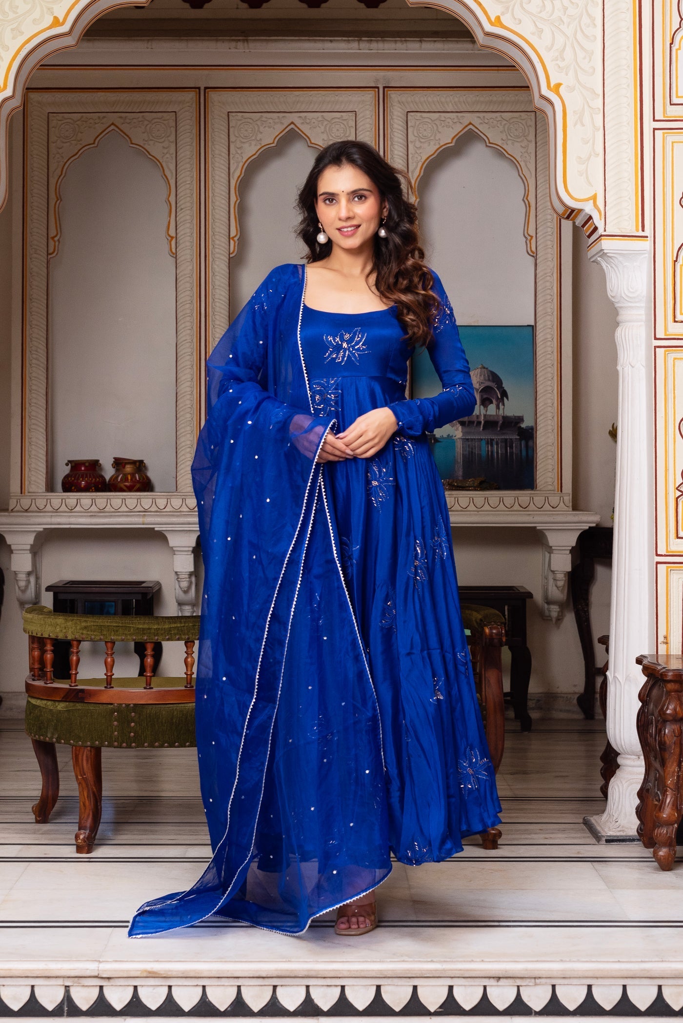 Festival Wear Blue Color Faux Georgette Thred & Sequnce Embroidered Work Anarkali Suit Set