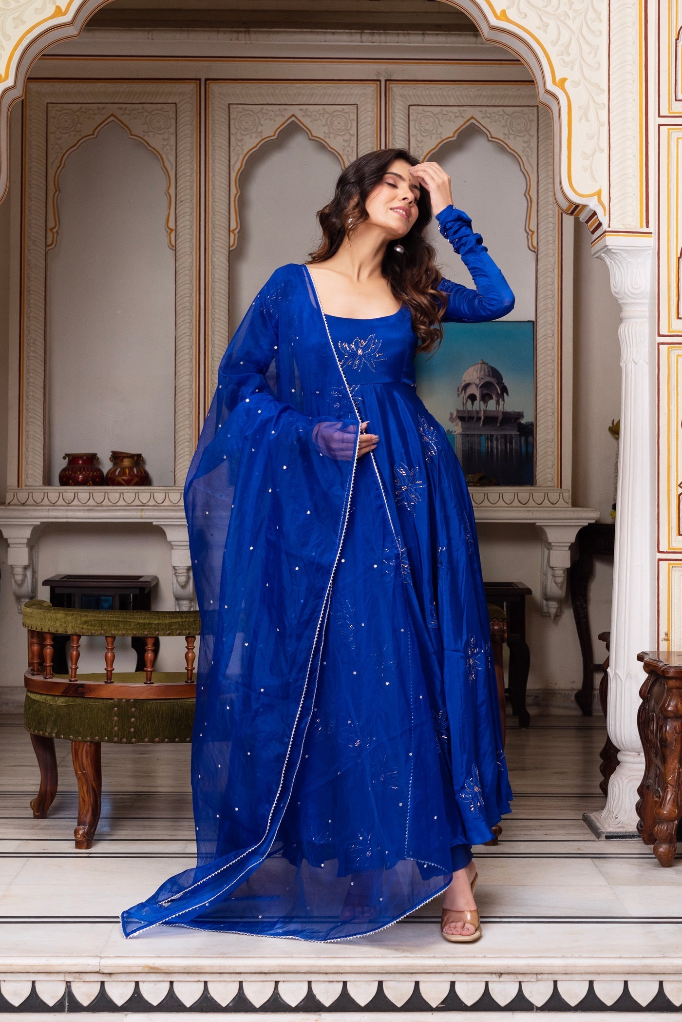 Festival Wear Blue Color Faux Georgette Thred & Sequnce Embroidered Work Anarkali Suit Set